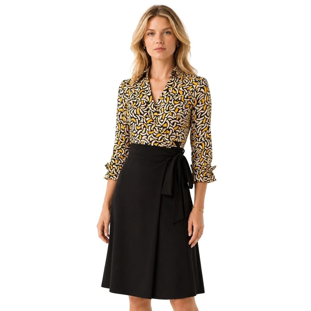 Diane Von Furstenberg DVF Geometric Print Wrap Dress Yellow Black Size 4 READ